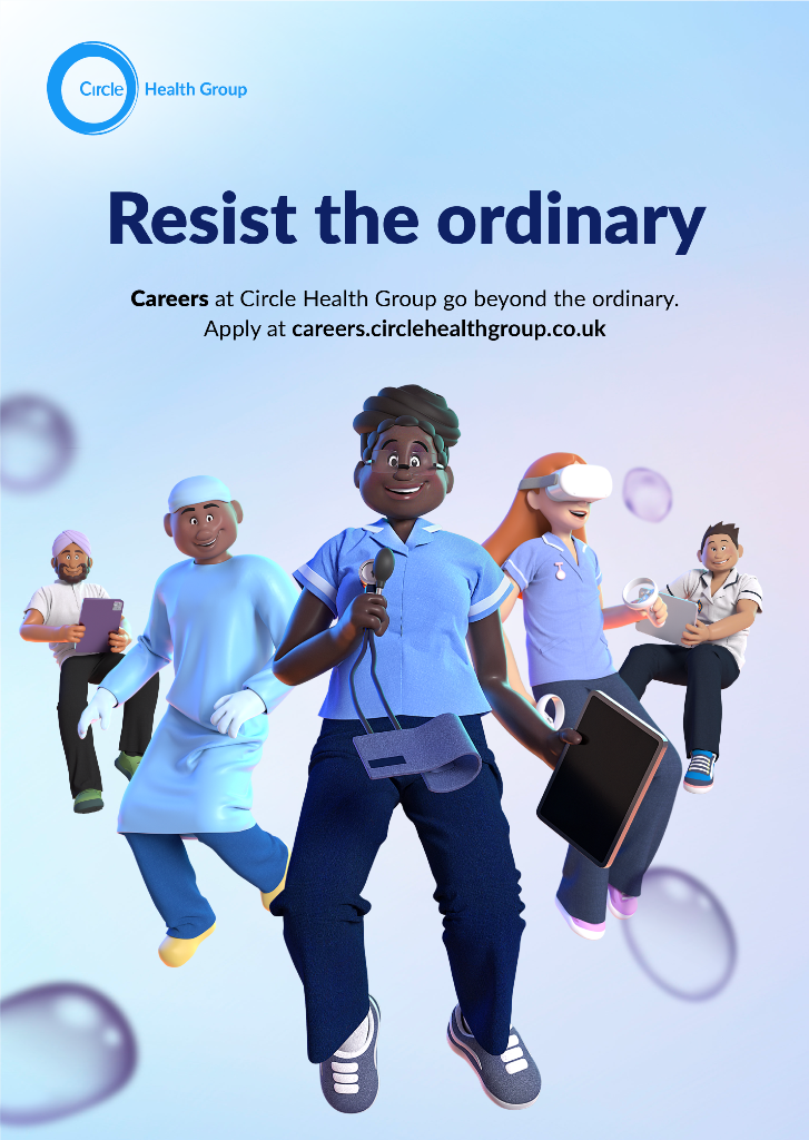 Careers site animated characters - man with an ipad, man in scrubs, woman holding an ipad and blood pressure machine, woman with VR headset and a man with an ipad