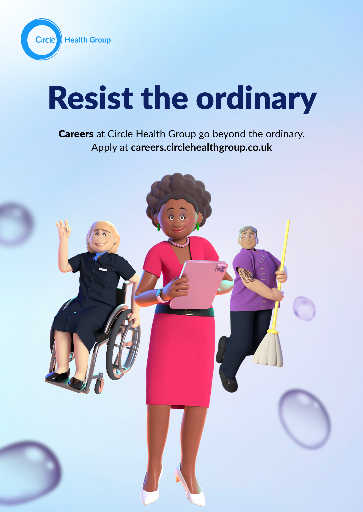 Careers site animated characters - woman in a wheelchair, woman with an ipad and a man with a broom