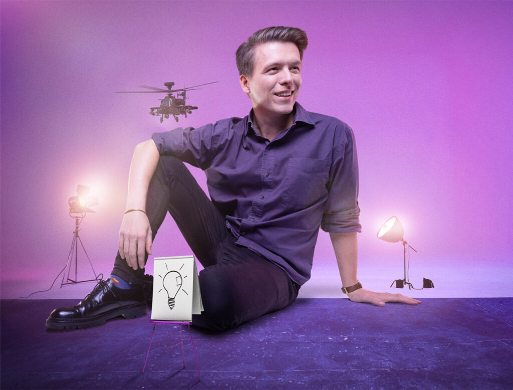 men with helicopter, light