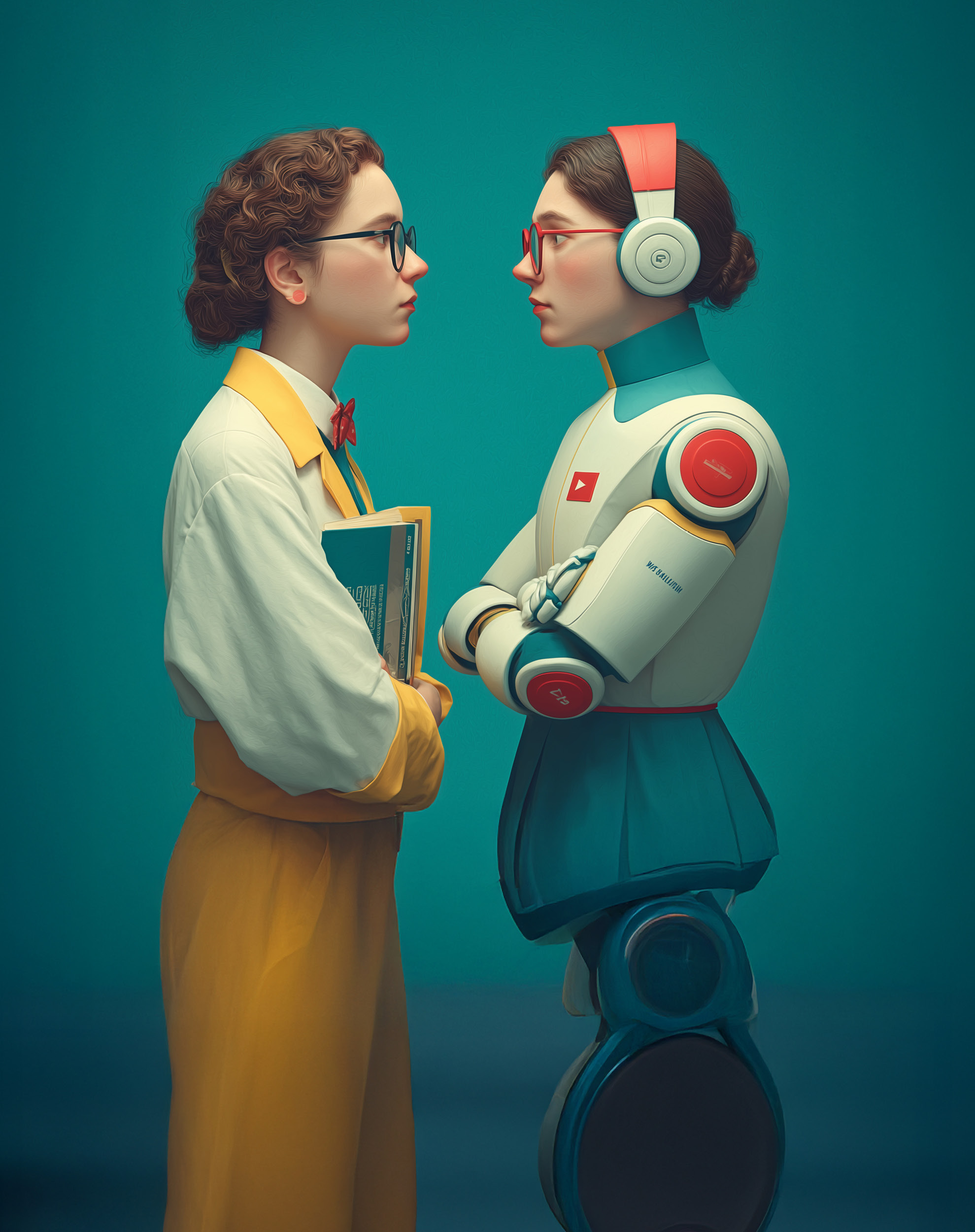 Curly-haired woman in glasses and mustard jumpsuit, clutching books, faces a teal-and-white humanoid robot with folded arms against a teal backdrop—each studying the other.