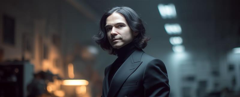 Aegon UK - man with long hair in a suit, in a dark room