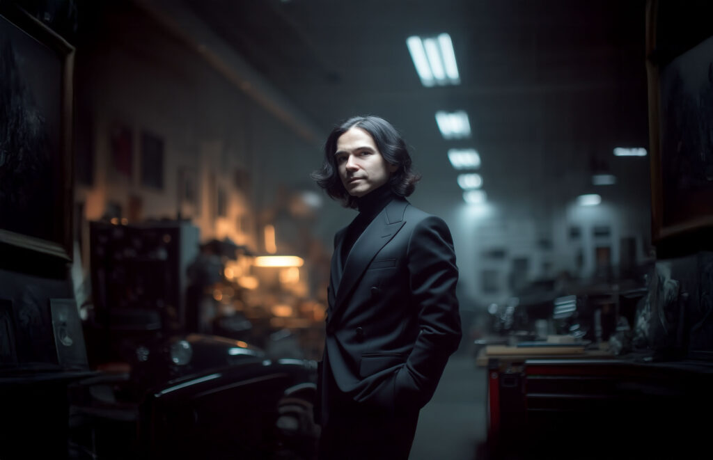 Aegon UK - man with long hair in a suit, in a dark room