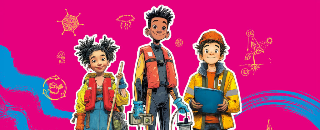 environment agency - girl & 2 boys with life jackets, hard hat and clipboard